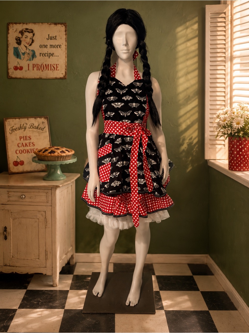 Retro Polka Dot & moth Print Halter Apron - Black & Red